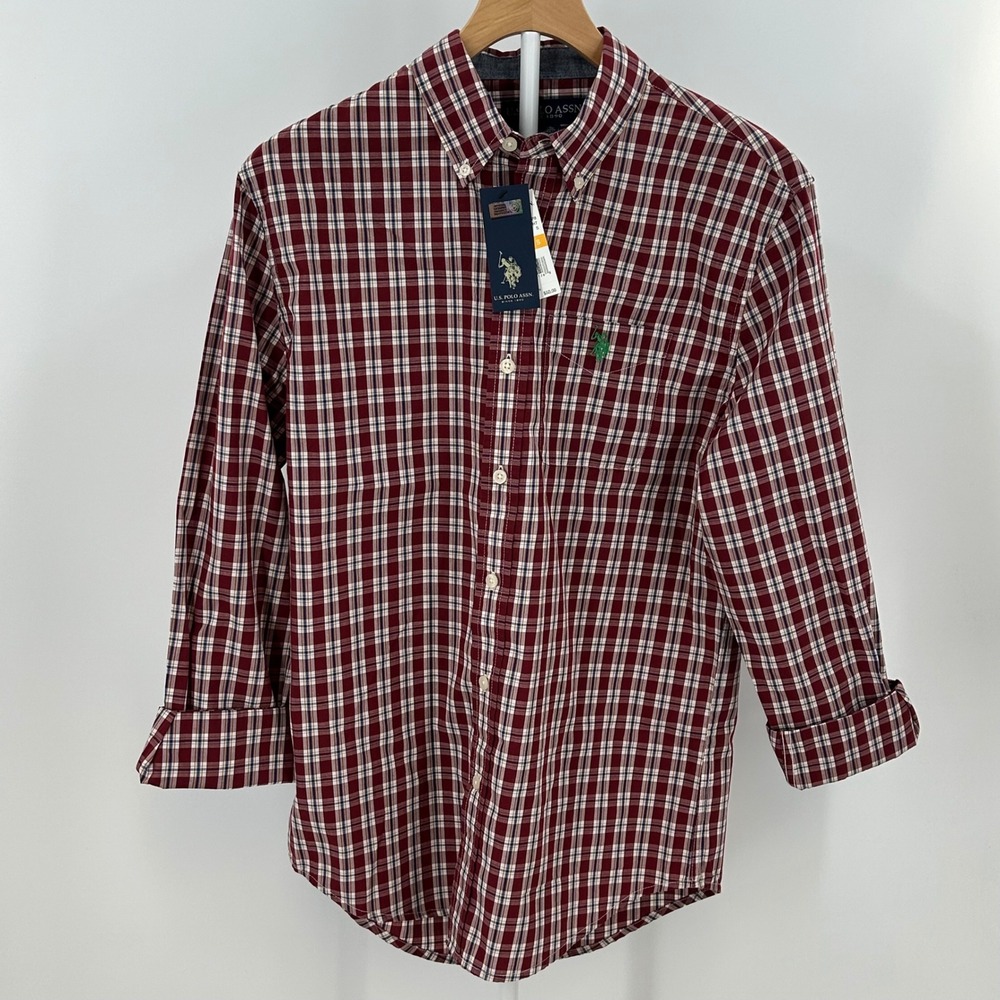 US Polo Assn Mens Plaid Button Down Shirt‎ Burgundy White Small 115326P8 RDHT